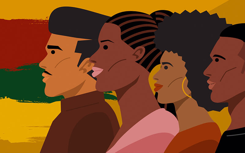 An illustration of four people looking to the left in front of a background that is red, green and yellow.