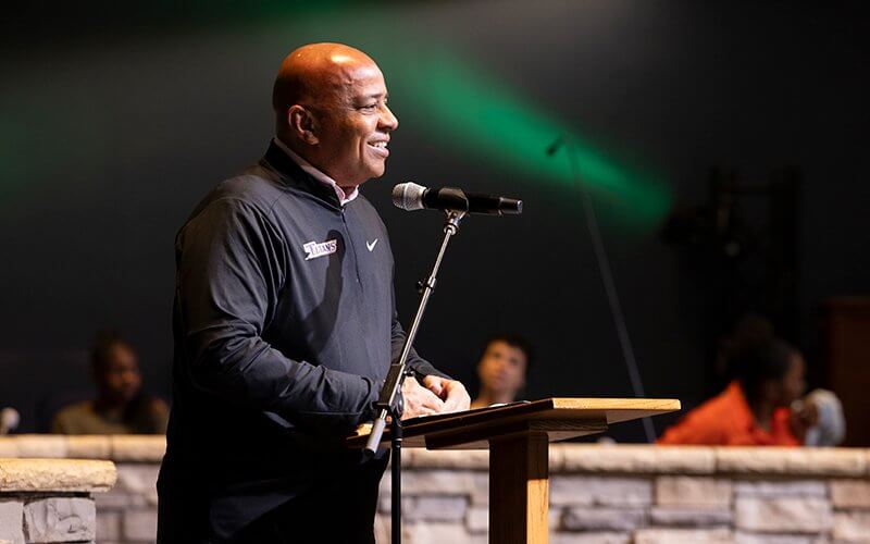 President Ronald Rochon speaking to church members about college at Super Sunday