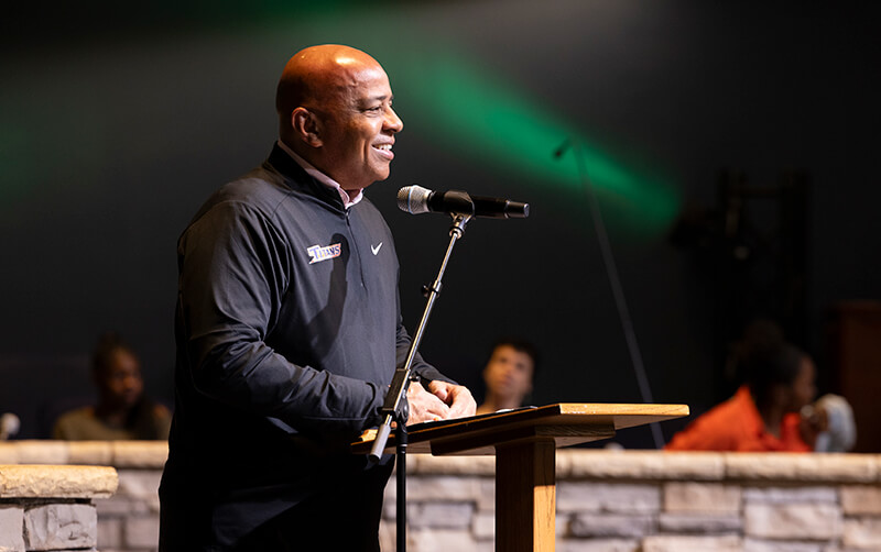 President Ronald Rochon speaking to church members about college at Super Sunday