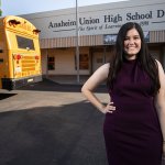 Jessica Guerrero outside of Anaheim Union High School District office