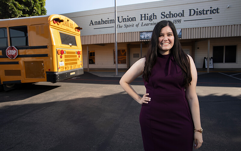 Jessica Guerrero outside of Anaheim Union High School District office