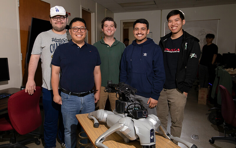 Yu Bai, professor of electrical and computer engineering, and students Daniel Palomera, Mason Jennings, Osvaldo Torres and Tommy Nguyen