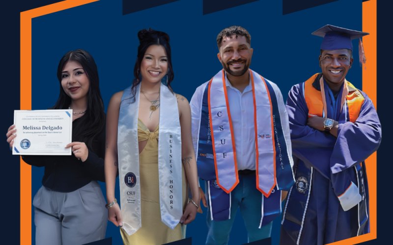 Commencement student speakers Melissa Delgado, Coelle Ofalla-Hernando, Alex Fisher and Nehemiah Obidah