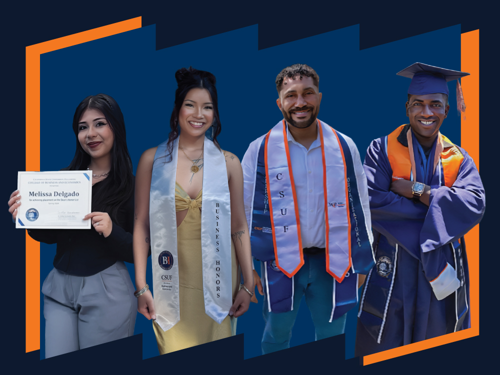 Commencement student speakers Melissa Delgado, Coelle Ofalla-Hernando, Alex Fisher and Nehemiah Obidah
