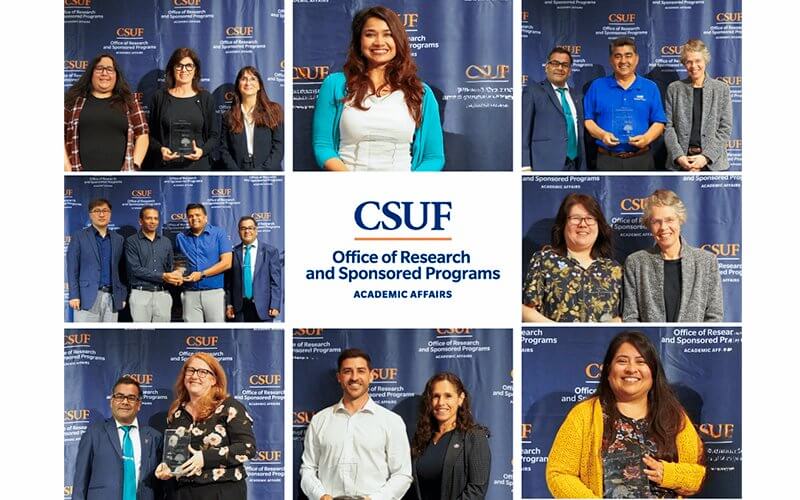 Collage of CSUF faculty and staff holding awards for extramural funding during Research Week
