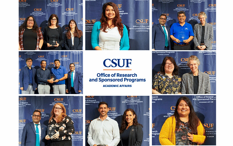Collage of CSUF faculty and staff holding awards for extramural funding during Research Week