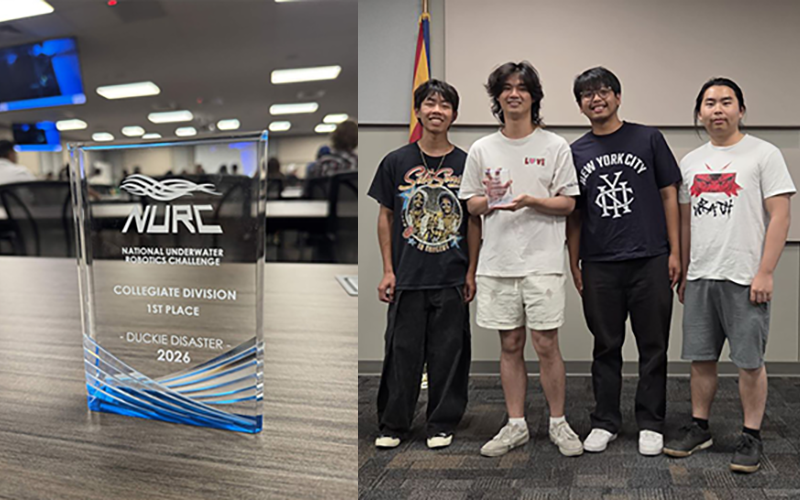 CSUF Titan ROV team and first-place trophy at the 2026 National Underwater Robotics Challenge.