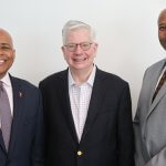 CSUF President Ronald Rochon, CSUF alum Douglas G. Stewart and Dean of the College of the Arts Arnold Holland