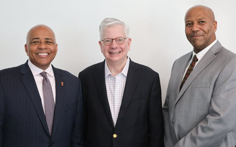 CSUF President Ronald Rochon, CSUF alum Douglas G. Stewart and Dean of the College of the Arts Arnold Holland