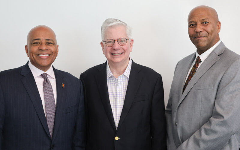CSUF President Ronald Rochon, CSUF alum Douglas G. Stewart and Dean of the College of the Arts Arnold Holland