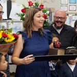 CSUF alum Wendy Saldivar receives a 2027 Orange County Teacher of the Year award in her classroom.