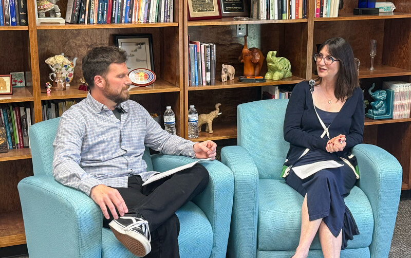 Jessica Stern, dean of the College of Humanities and Social Sciences, interviews David Adams, associate professor of politics, administration and justice for a podcast episode.