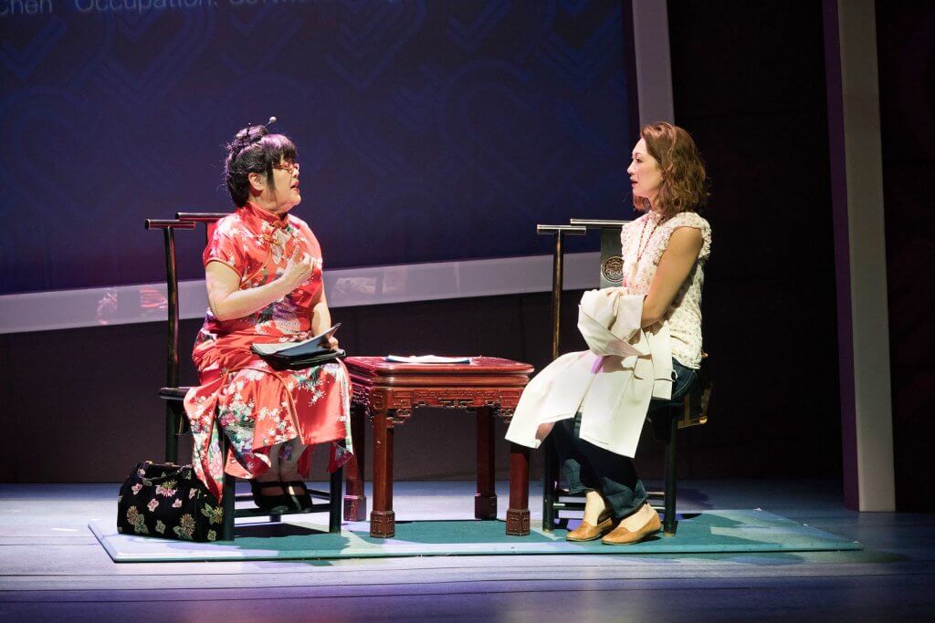 Two actors perform in the play “Tiger Style!” at South Coast Repertory.