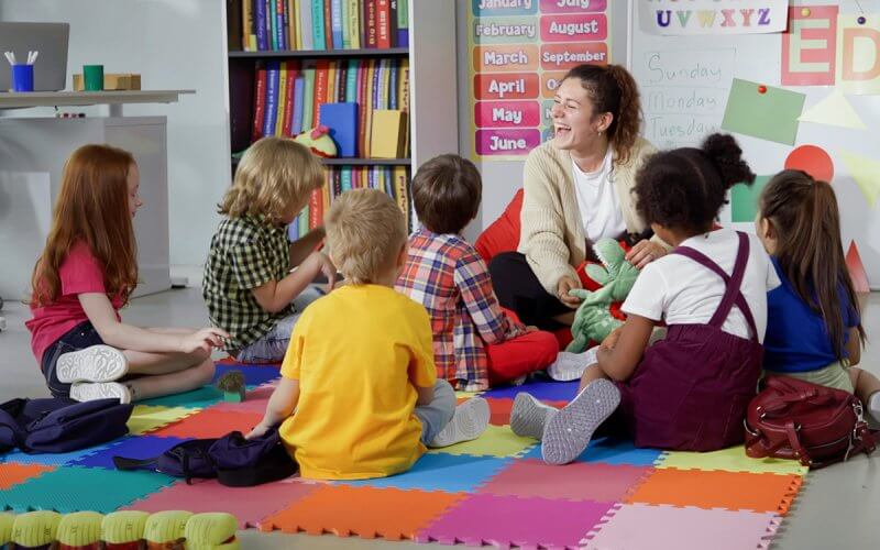 Teacher in kindergarten classroom with students