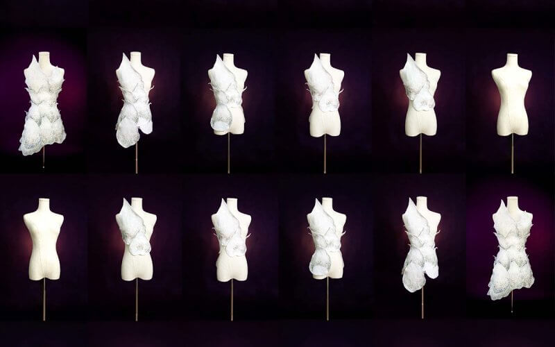 Iterations of the "Organic Fragments" costume, designed by faculty member Hyun Sook Kim