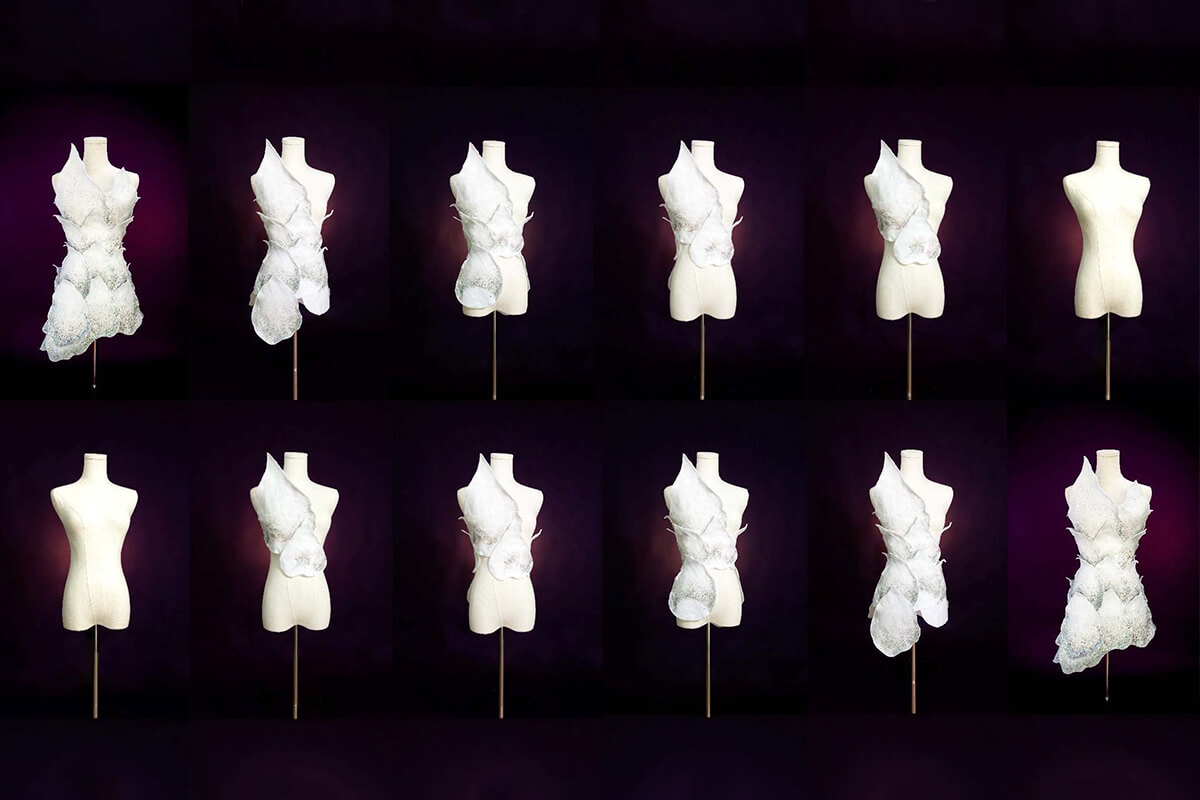Iterations of the "Organic Fragments" costume, designed by faculty member Hyun Sook Kim
