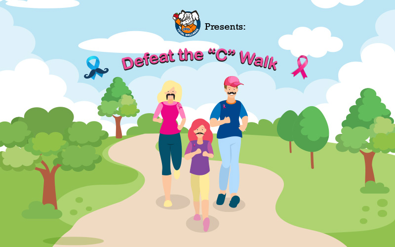Illustration promoting the Defeat the ‘C’ Walk that shows three people walking on a park path between trees, with blue and pink awareness ribbons. The text reads: "Total Wellness Presents: Defeat the 'C' Walk"