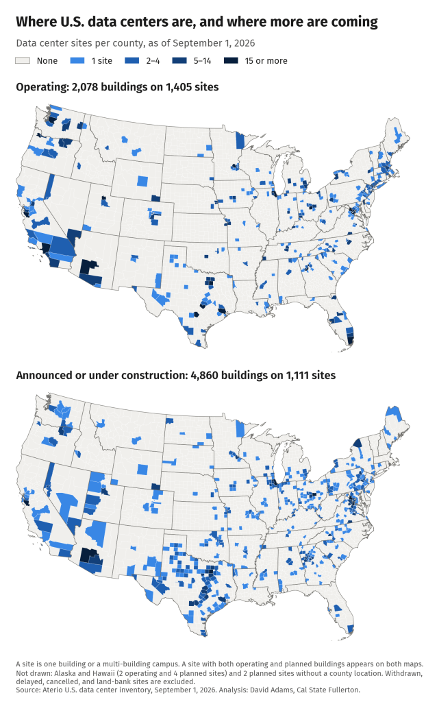 Information graphic on data center distribution: Text reads where U.S.data centers are and where more is coming,2078 buildings on 1405 sites operating and a second image shows Announced or Under Construction, 4,860 buildings on 1,111 sites
