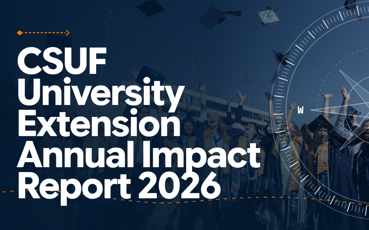 Promotional graphic with CSUF grads that reads, "CSUF University Extension Annual Impact Report 2026"
