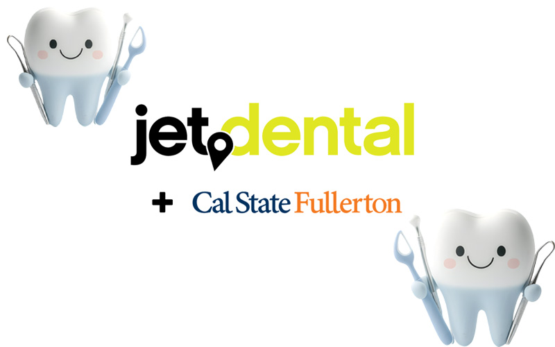 Promotional graphic for JetDental and Cal State Fullerton, featuring two smiling cartoon teeth holding dental instruments.