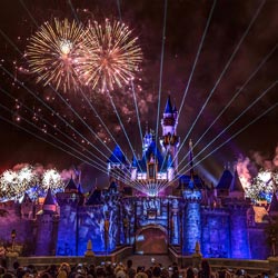 Disneyland Castle with fireworks in background
