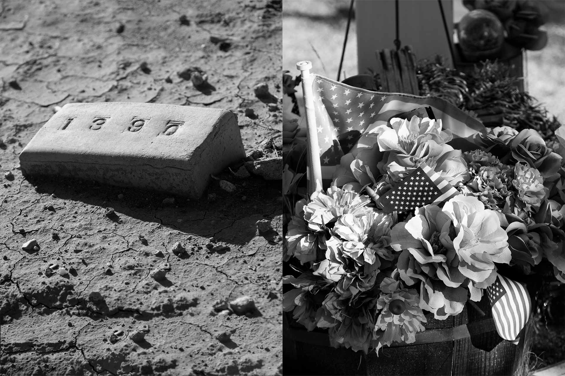 L: Small brick marks burial site of migrant, R: Flowers for a fallen BPC officer