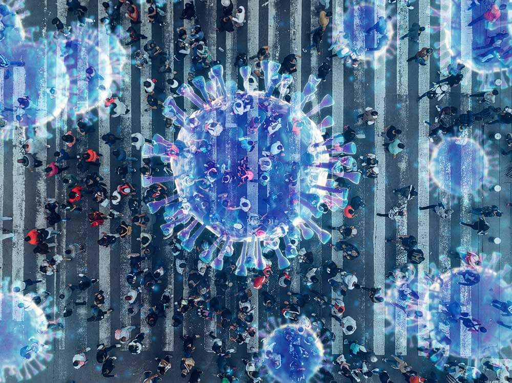 Composite of coronavirus rendering overlaid among a busy crosswalk